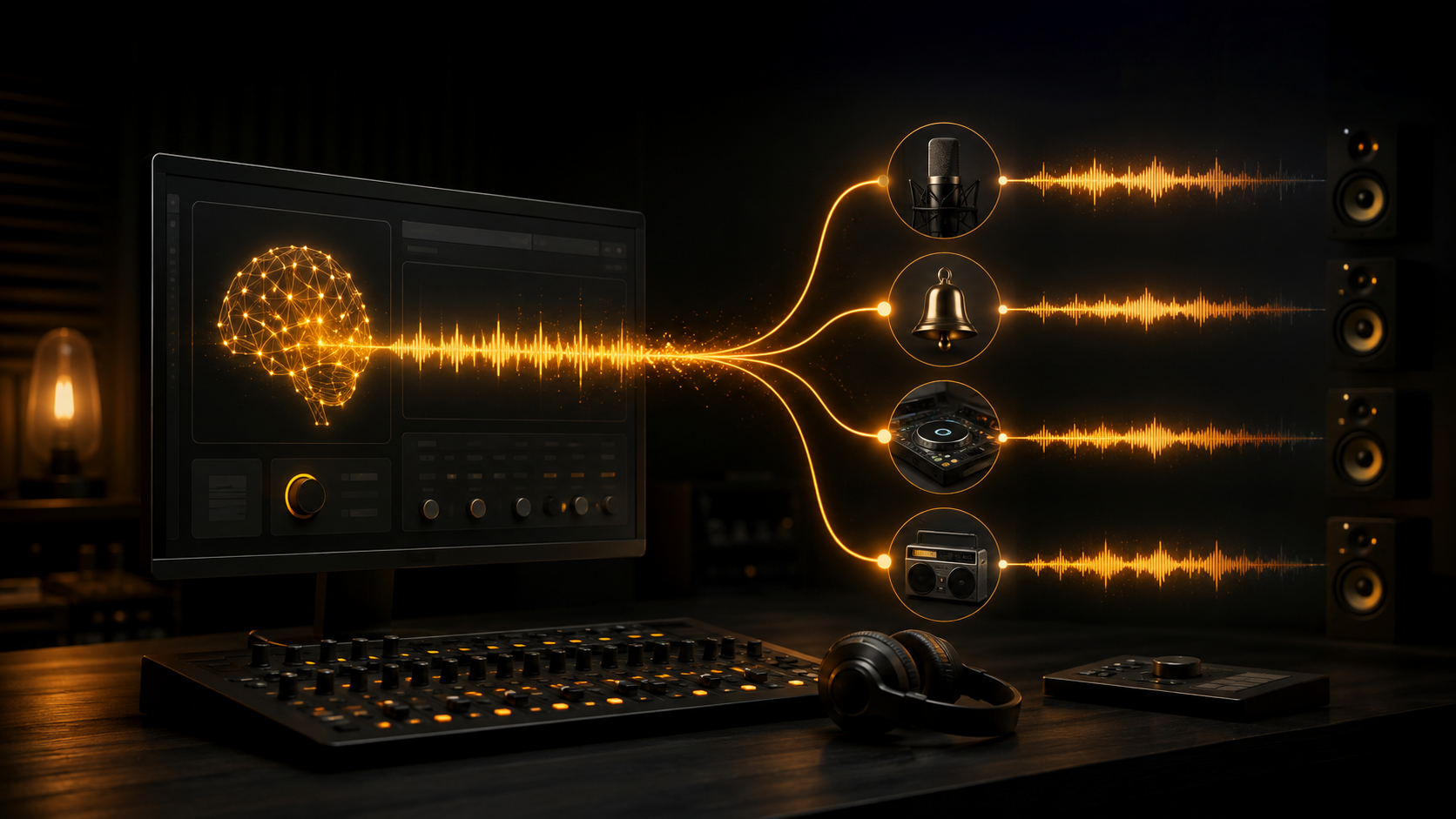 AI music workflow connecting music creation with voice, jingle, DJ, and radio production