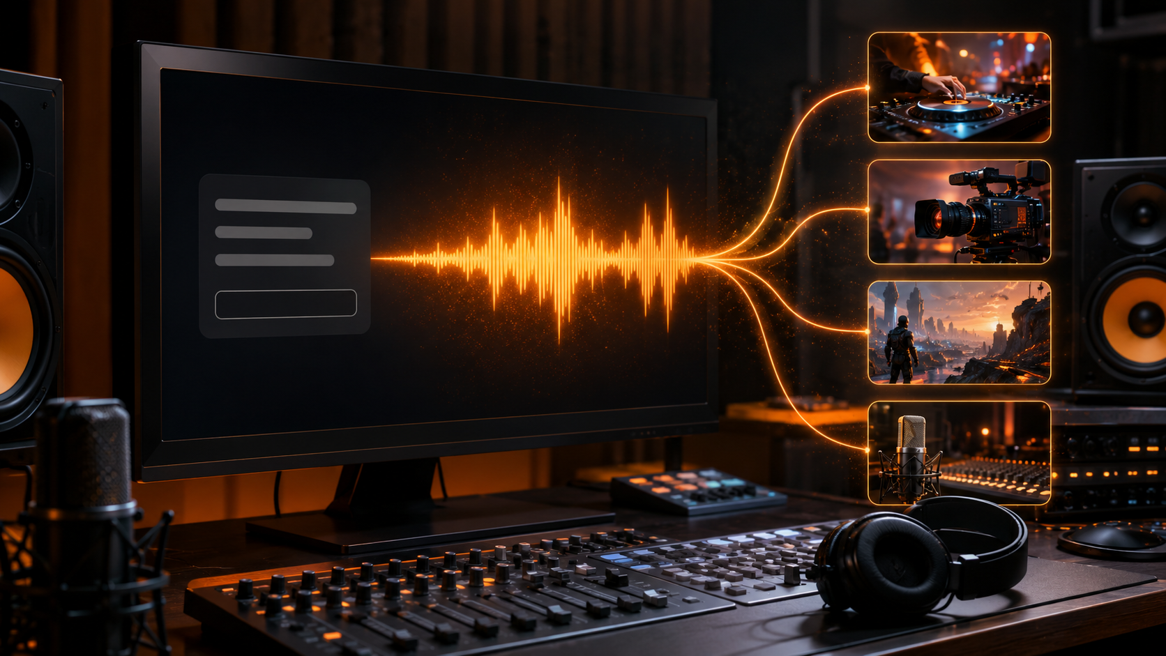 AI sound effects workflow connecting generated effects with DJ, video, games, radio, music, and voice production